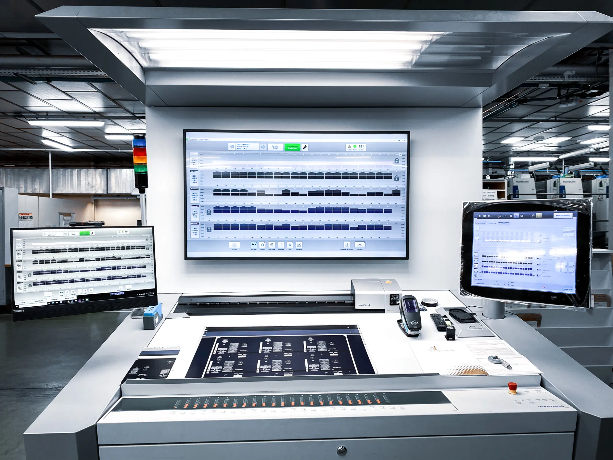 An offset press console with the ink-key screens of a Rutherford closed loop