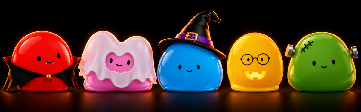 The ColorLoop Halloween crew: a vampire, a ghost, a witch, a pumpkin and a monster