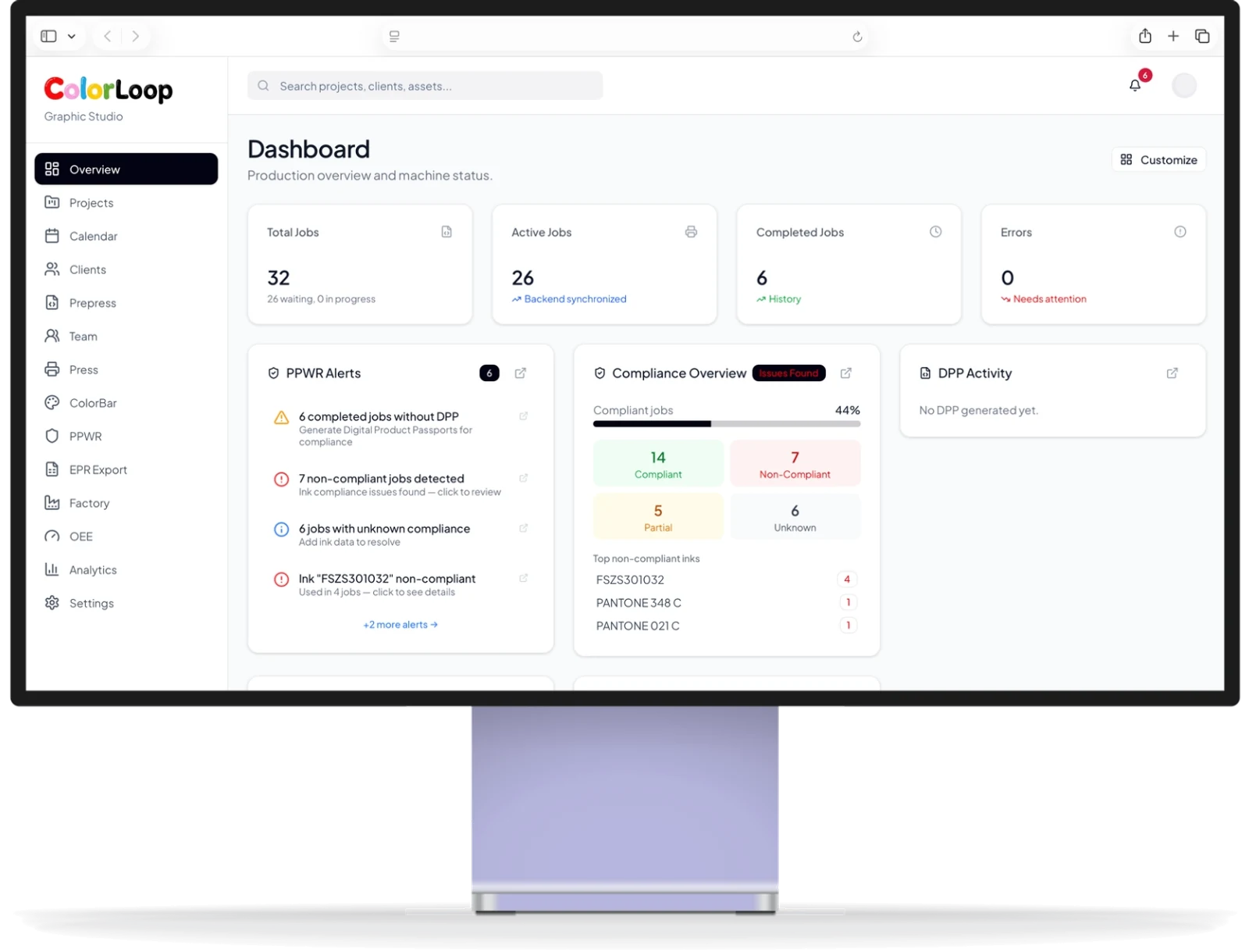 The ColorConnect dashboard on a desktop display: jobs, PPWR alerts, compliance overview and Digital Product Passport activity